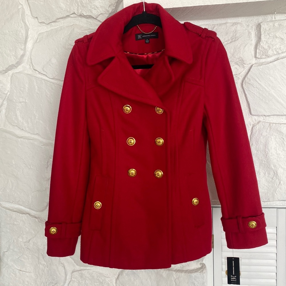 INC International Concepts Red Wool Coat XS Collar details +gold buttons pockets